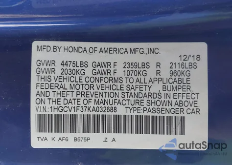 2019 Honda Accord Sport из США, поврежденный, VIN 1HGCV1F37KA032688